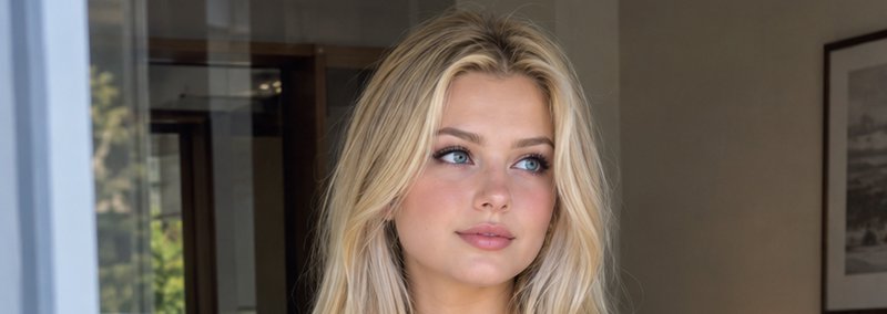 Headshot of a young blonde woman with bright blue eyes looking thoughtfully off-camera next to a ...