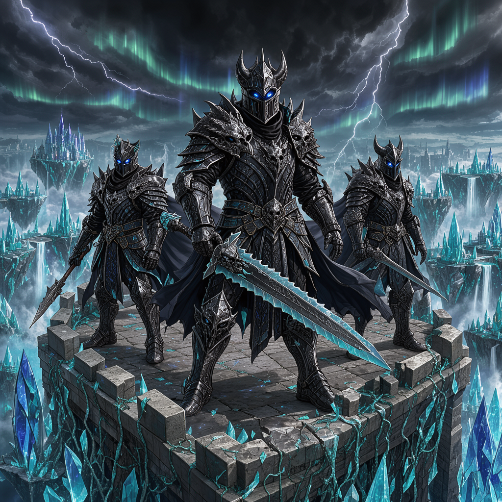 Three glowing-eyed death knights stand on a stone battlement overlooking a stormy floating crystal fantasy realm