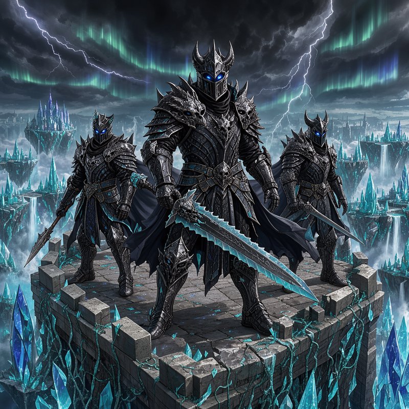Three glowing-eyed death knights stand on a stone battlement overlooking a stormy floating crysta...