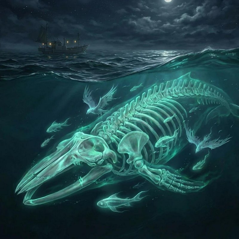 Glowing ethereal whale skeleton swims underwater beneath a fishing boat on a moonlit night ocean