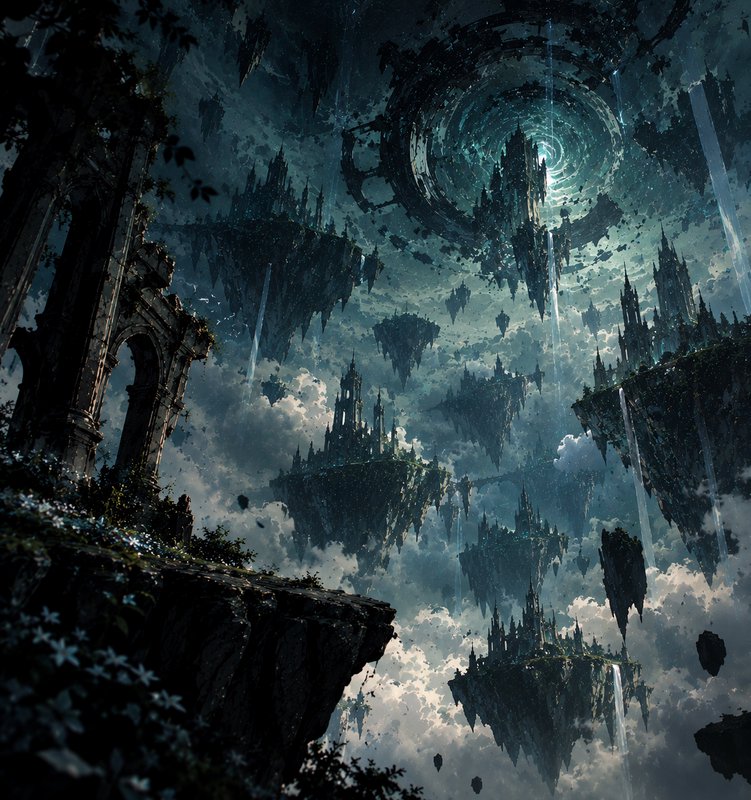 Surreal fantasy landscape of floating gothic citadel islands under a glowing spiral portal above ...