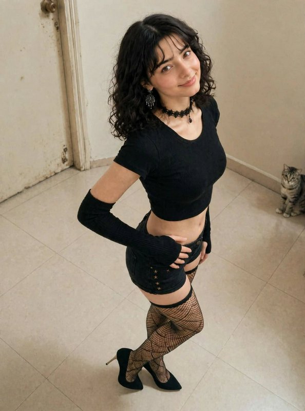 Young woman with curly dark hair posing in a black alt outfit, tabby cat sits in the room corner