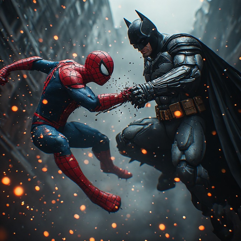 Spider-Man and Batman clash mid-air amid glowing embers above a foggy skyscraper city