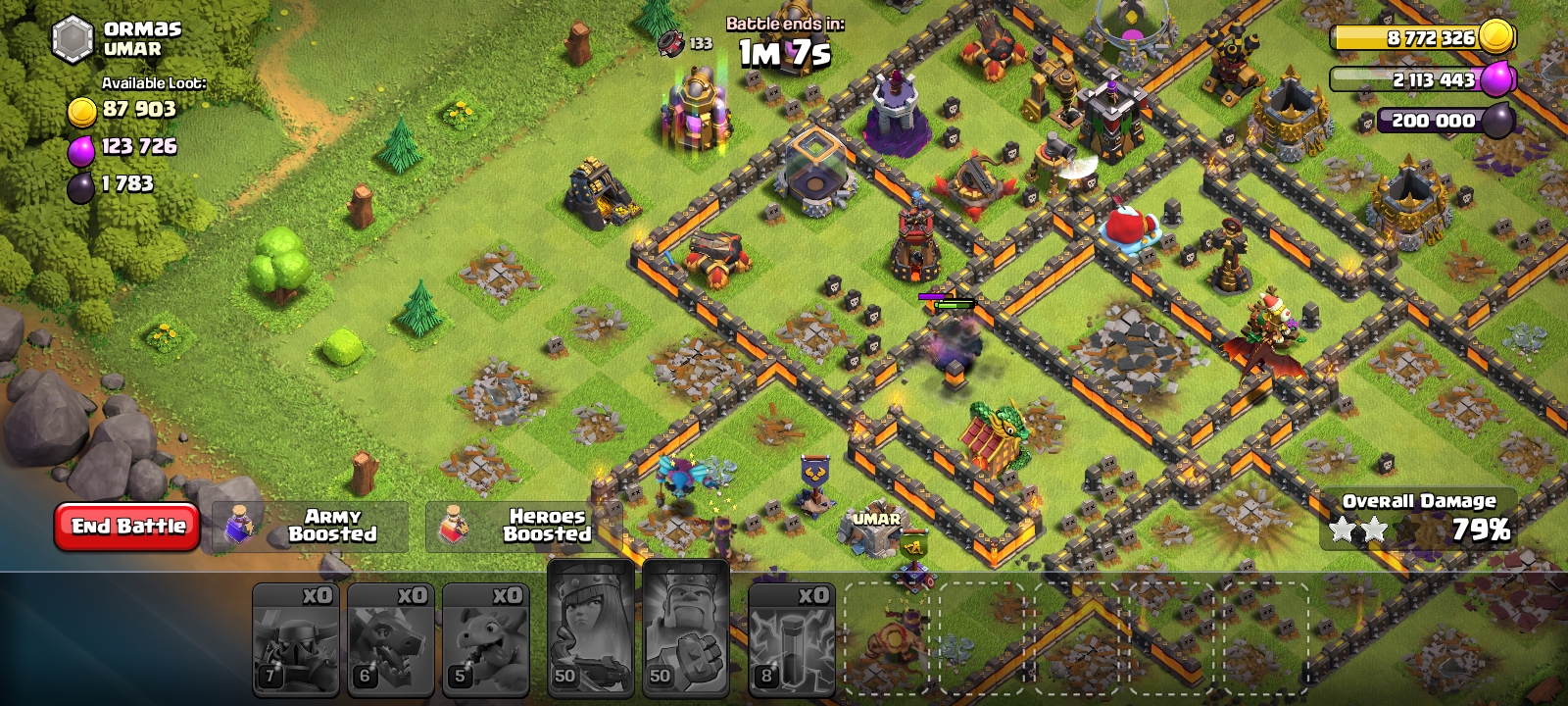 Ongoing Clash of Clans raid battle showing damage dealt to a walled player village base