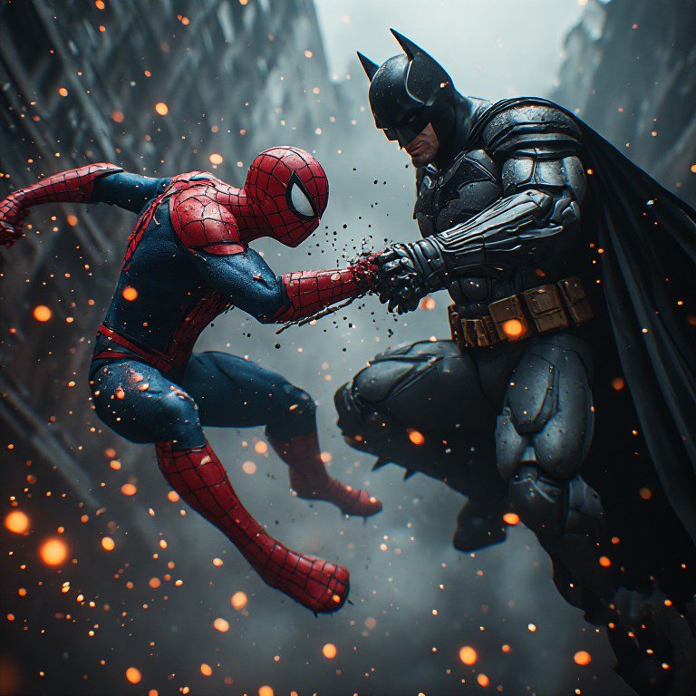 Spider-Man and Batman clash mid-air amid glowing embers above a foggy skyscraper city