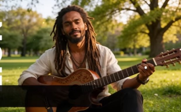 Man with long dreadlocks plays an ornate acoustic guitar while sitting in a sunlit green park