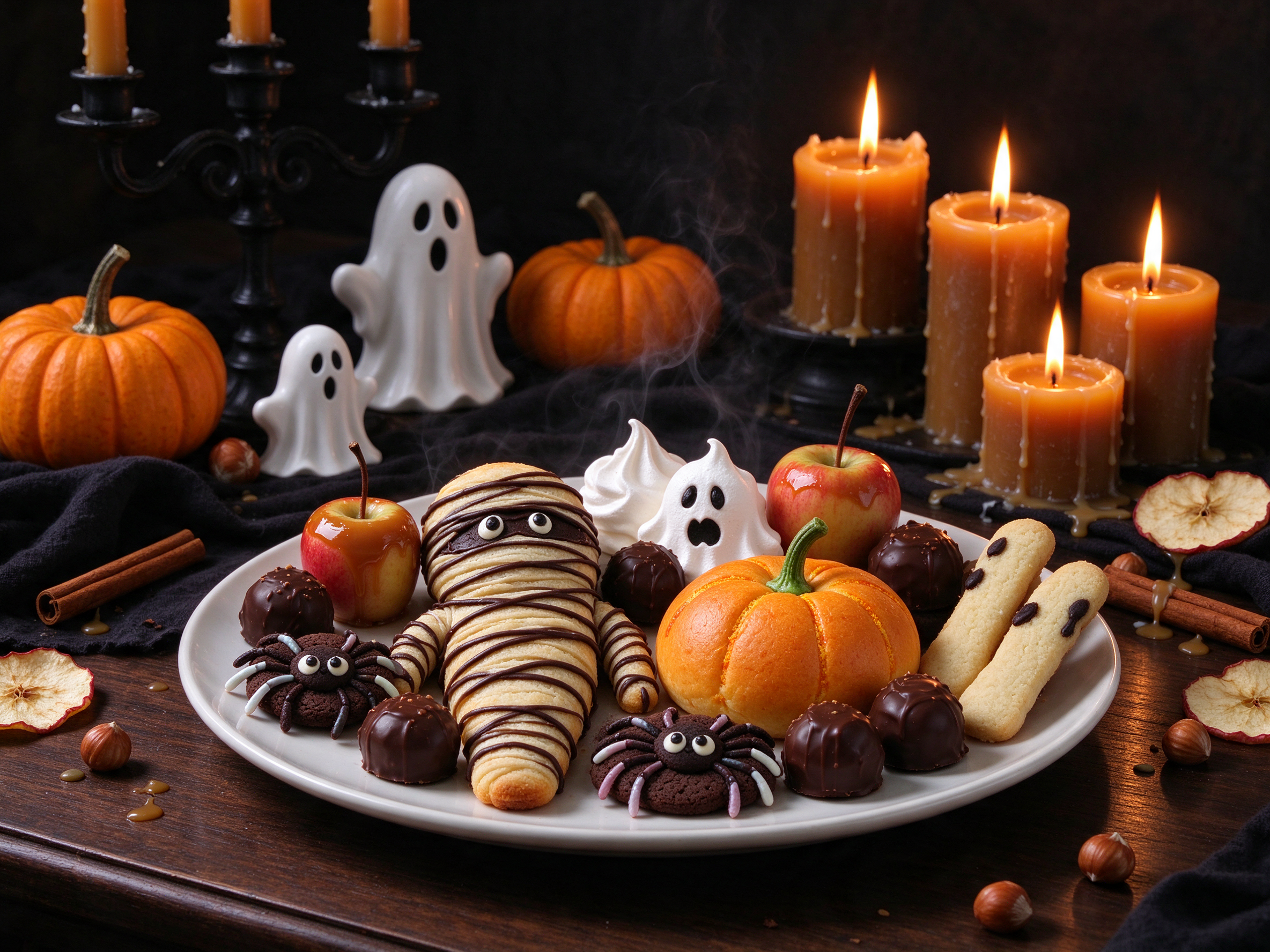 Whimsical Halloween dessert platter with spooky themed treats, candles, and festive table decor