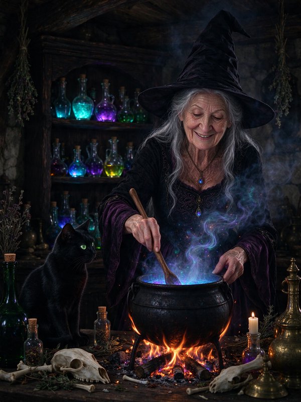 Elderly witch in a pointed hat stirs a glowing magical cauldron as her black cat familiar watches...