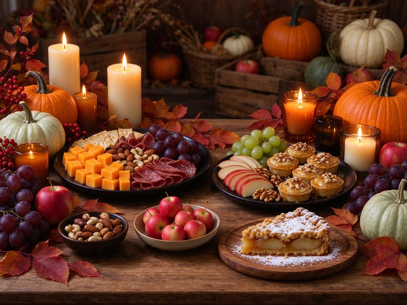 Cozy fall harvest spread with charcuterie, desserts, lit candles, and mini pumpkins on a rustic w...