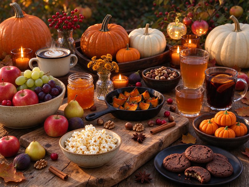 Cozy outdoor autumn harvest table spread with seasonal food, pumpkins, warm drinks and glowing ca...