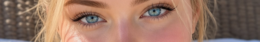 Extreme close up of a woman's vivid pale blue eyes framed by long lashes and sunlit fair skin