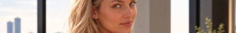 Closeup portrait of a blonde woman with a soft smile beside high-rise windows overlooking city sk...