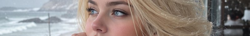Close-up of a blonde woman with bright blue eyes and windblown hair against a stormy coastal back...