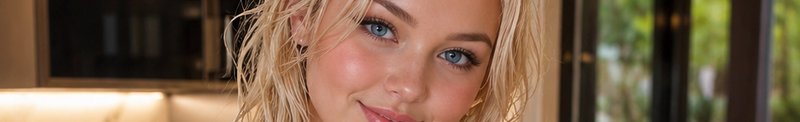 Close up banner portrait of a smiling young blonde woman with bright blue eyes in a sunlit home i...