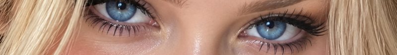 Extreme close up of bright pale blue eyes with long dark lashes on a blonde person