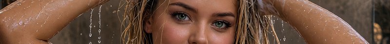 Close-up cropped portrait of a woman with vivid green eyes, wet blonde hair, and running shower w...