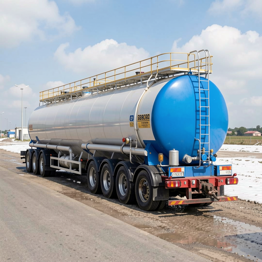 Silver and blue tanker semi-trailer parked on a snow-dusted roadside under a bright cloudy sky