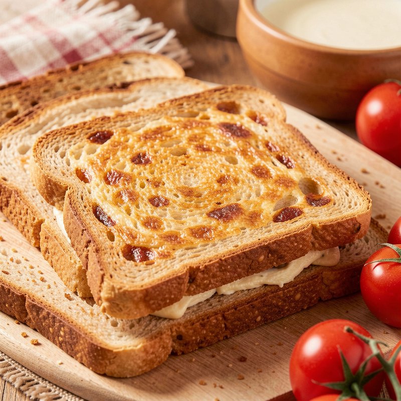 Stack of bubbly grilled cheese sandwich slices on a wooden cutting board with fresh vine tomatoes