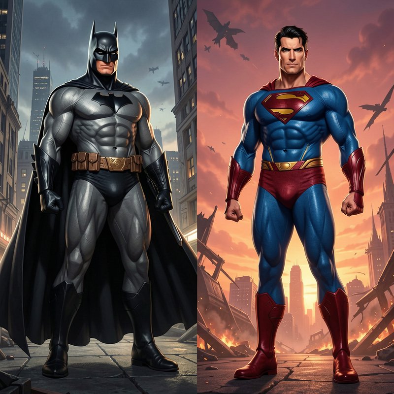 Split panel digital art of Batman and Superman standing confidently against contrasting city back...