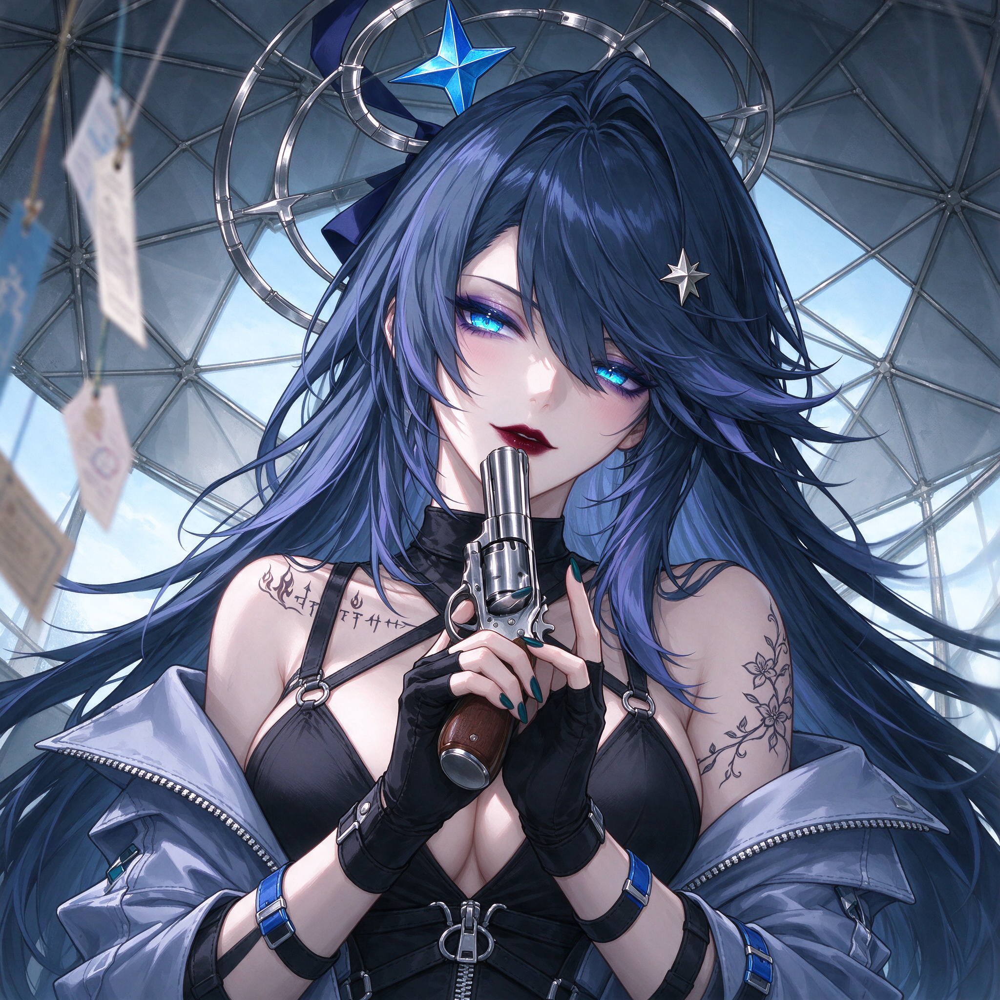 Edgy anime woman with long dark blue hair holds a silver revolver beneath a geometric glass dome