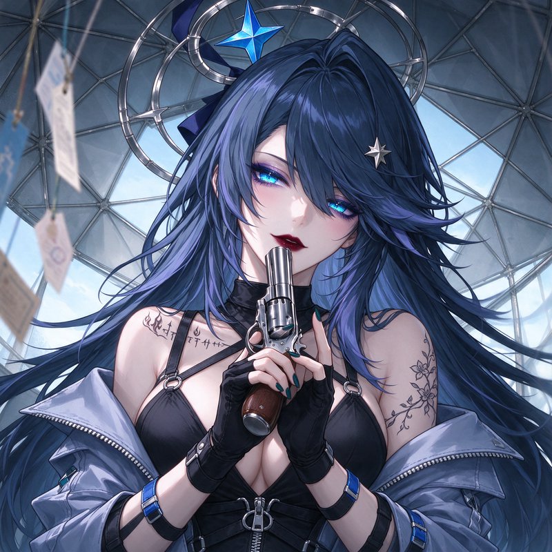 Edgy anime woman with long dark blue hair holds a silver revolver beneath a geometric glass dome