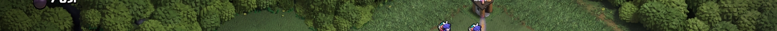 Cropped 16-bit isometric RPG screenshot showing pixel characters on a forest overworld path