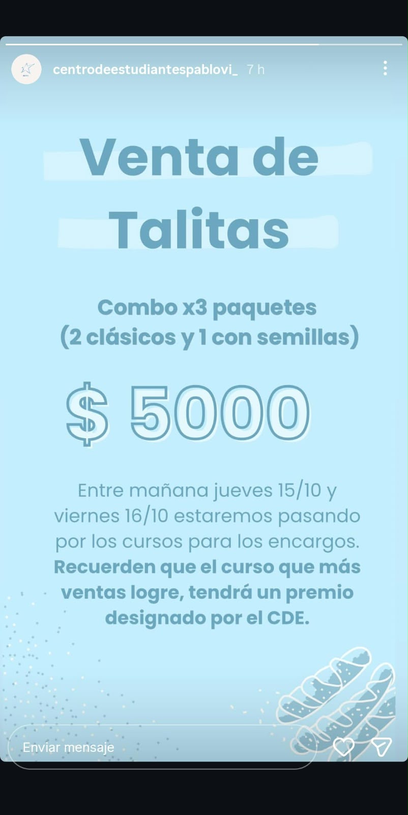 Light blue Instagram story announcing a student center talitas bread fundraiser sale