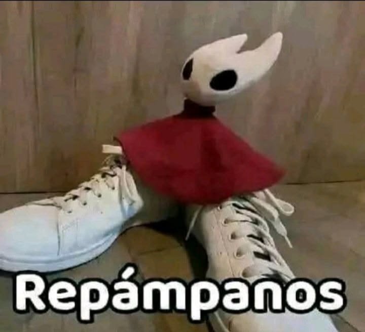 Funny Hornet Hollow Knight plush meme propped on white sneaker legs with Repampanos caption