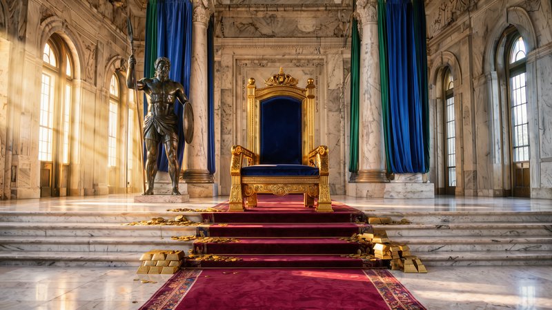 Ornate gilded royal throne sits atop a red carpeted dais in a sunlit marble palace throne room