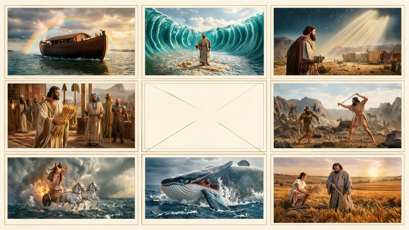 3x3 storyboard grid of illustrated famous Old Testament biblical story scenes