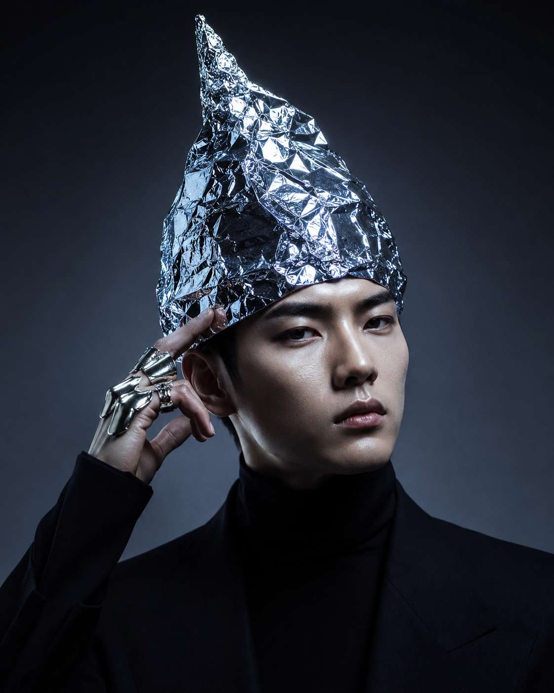 Stylish portrait of a person wearing a crumpled aluminum foil hat and black turtleneck.