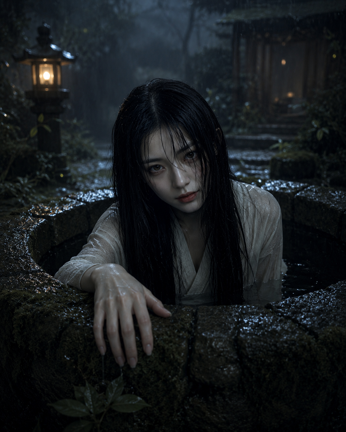Young woman with wet hair in a stone circular well at night, moody garden backdrop and lantern glow.