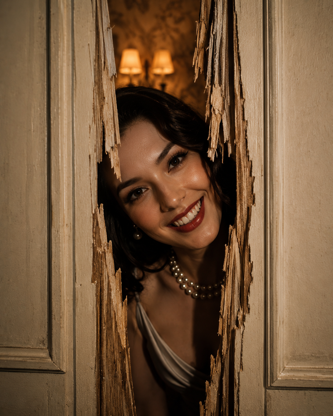 Smiling woman peeking through a torn wooden door in a warm-lit vintage interior.