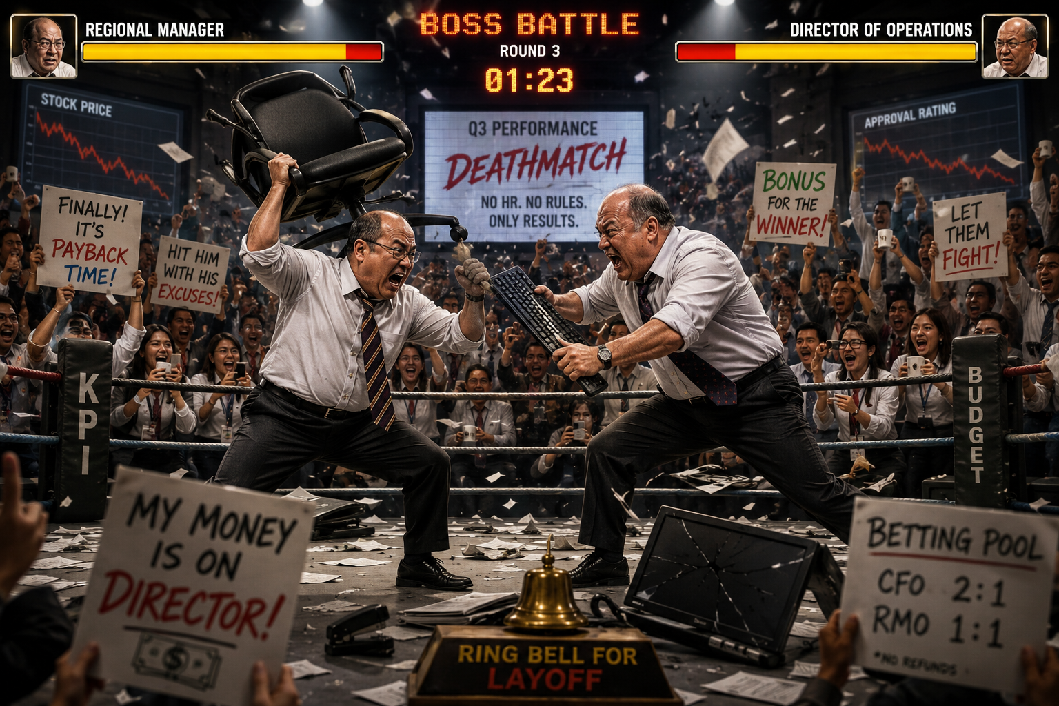 Two suited businessmen clash with an office chair in a chaotic boardroom battle arena.
