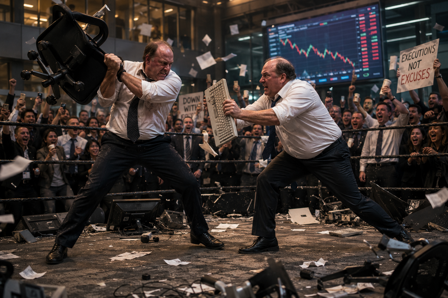 Two businessmen battle on a chaotic trading floor, a chair and keyboard in hand, as a crowd roars around them.