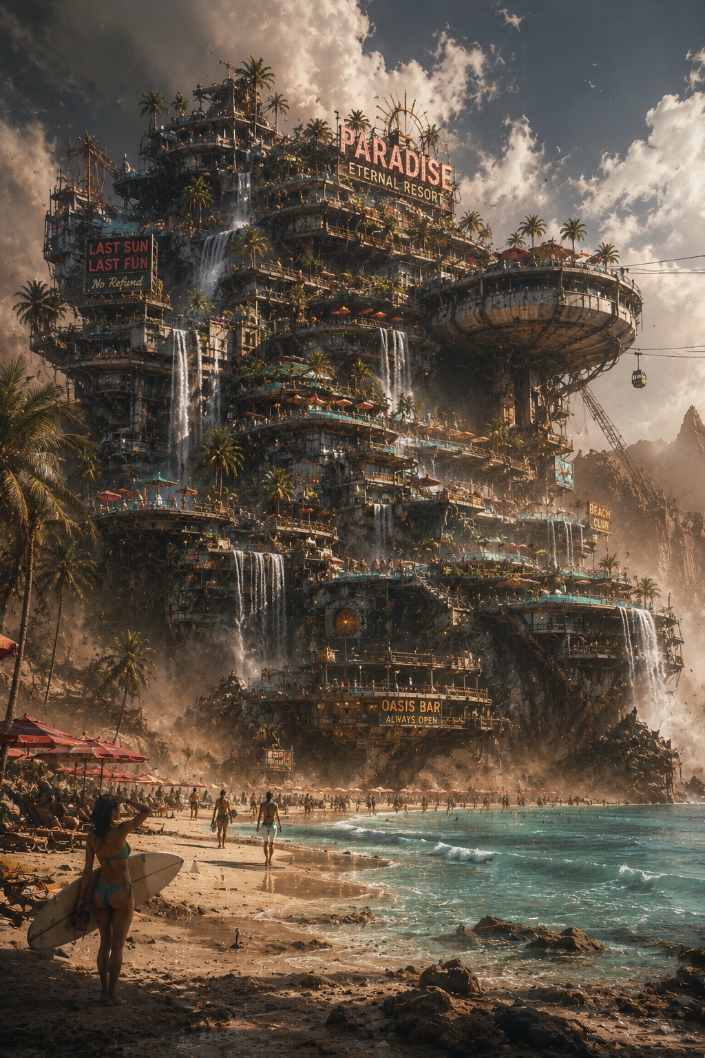 Massive cliffside resort named Paradise Eternal Resort with cascading waterfalls and tropical terraces.
