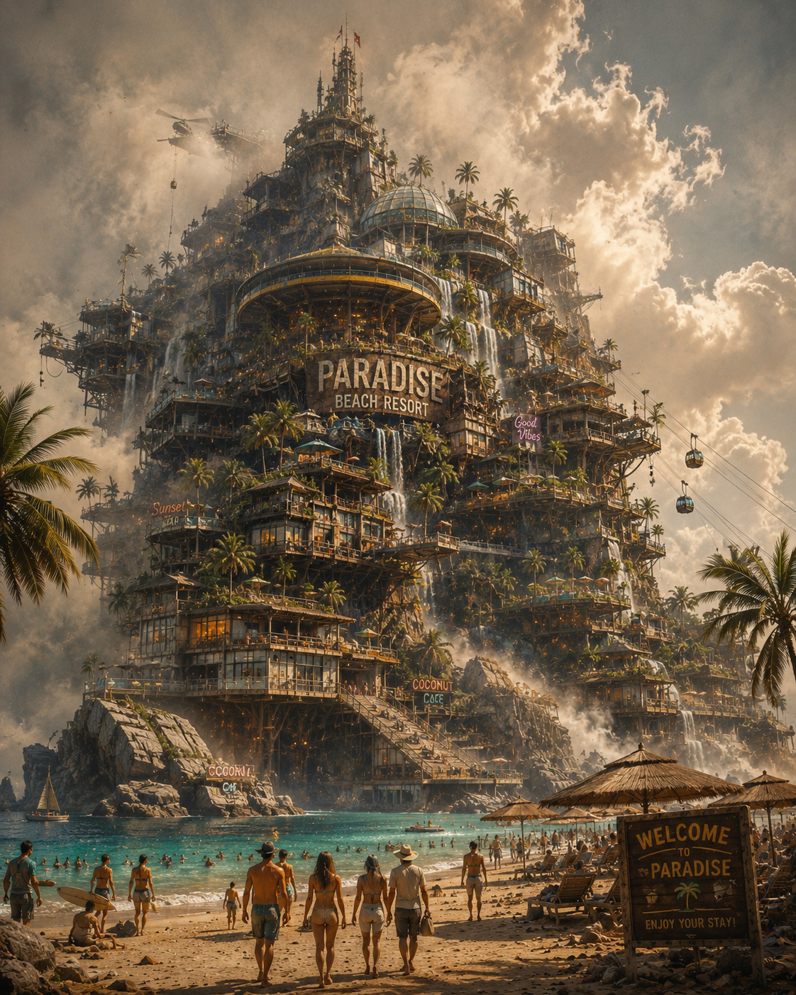 A colossal tropical cliffside resort labeled "Paradise Beach Resort" with cascading levels, palm trees, and a sunlit beach...