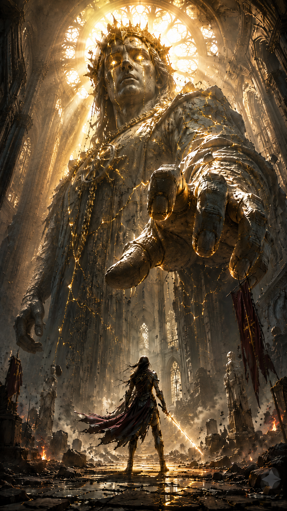 Colossal armored statue with crown looms over a lone warrior in a gothic cathedral