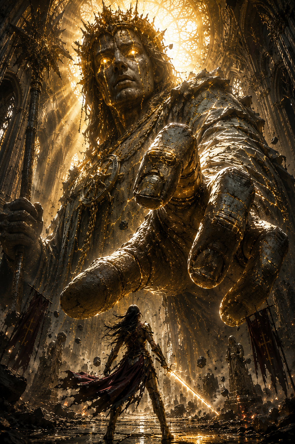 Giant stone guardian looms over a lone warrior in luminous cathedral ruins.