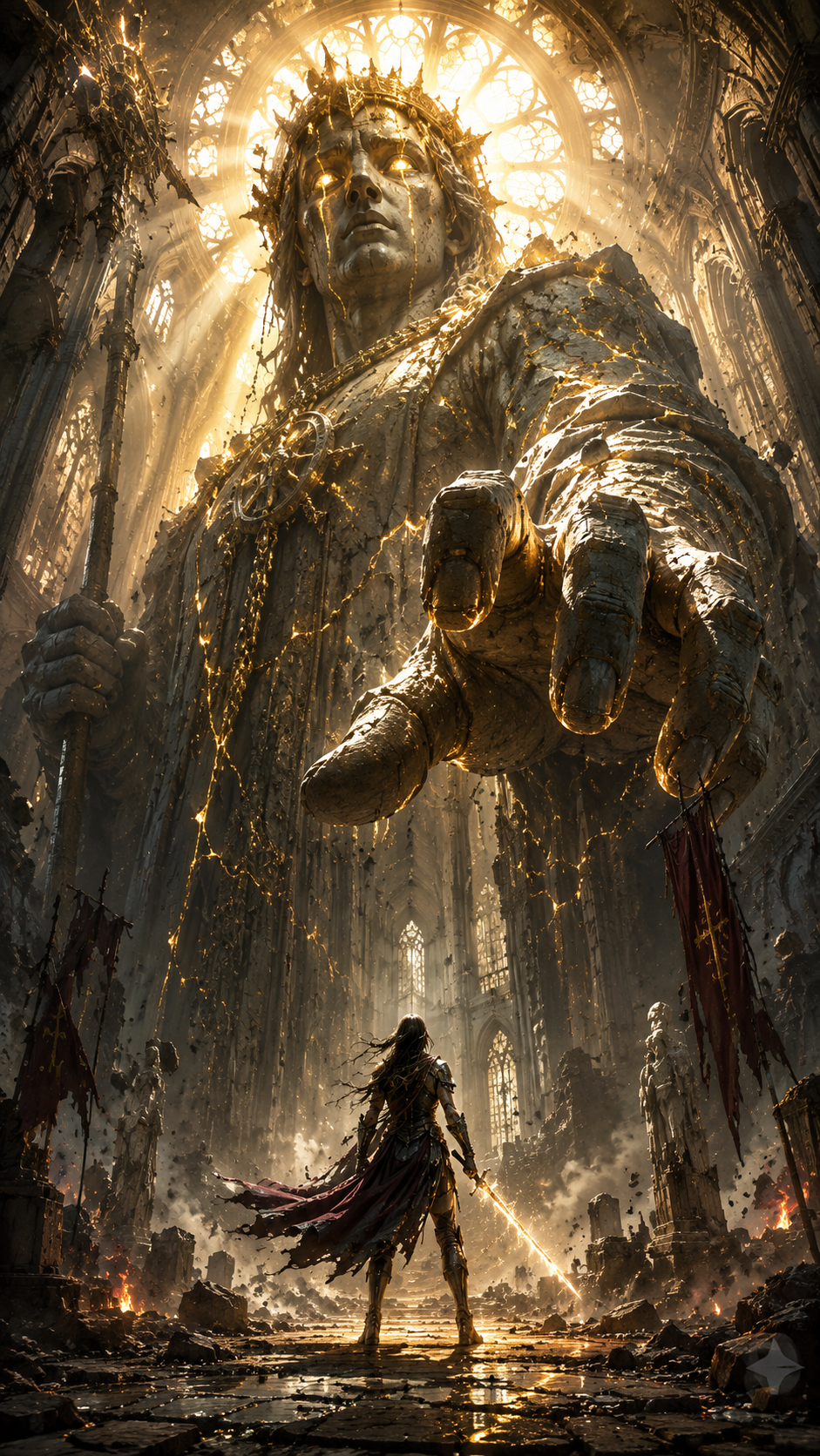 Huge gilded statue-like figure in a ruined cathedral reaching toward a lone armored warrior with a glowing sword.