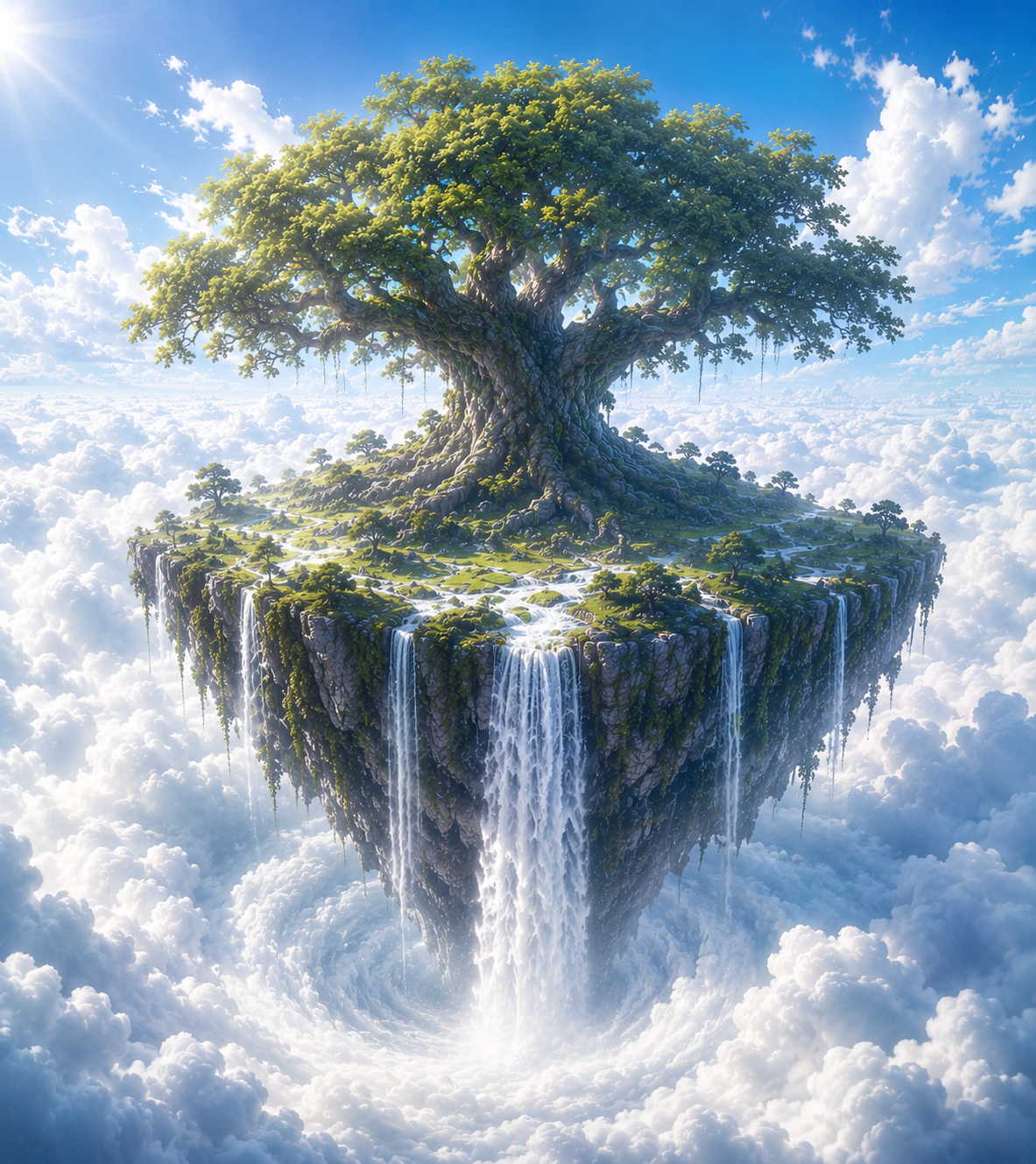 Floating rocky island with a large lush tree and cascading waterfalls above the clouds