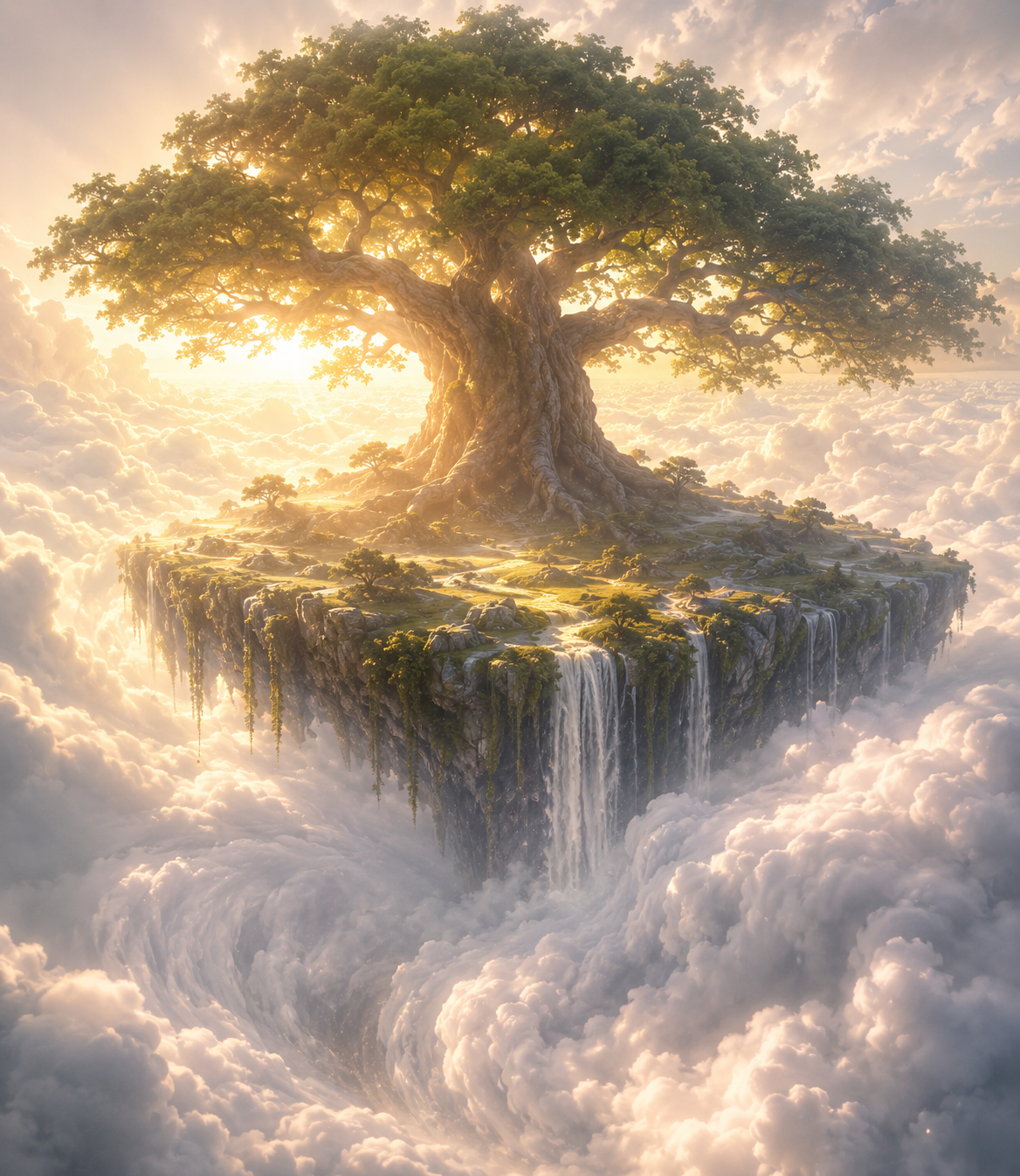 Floating rocky island with a large ancient tree, waterfalls, and glowing clouds surrounding a surreal landscape.