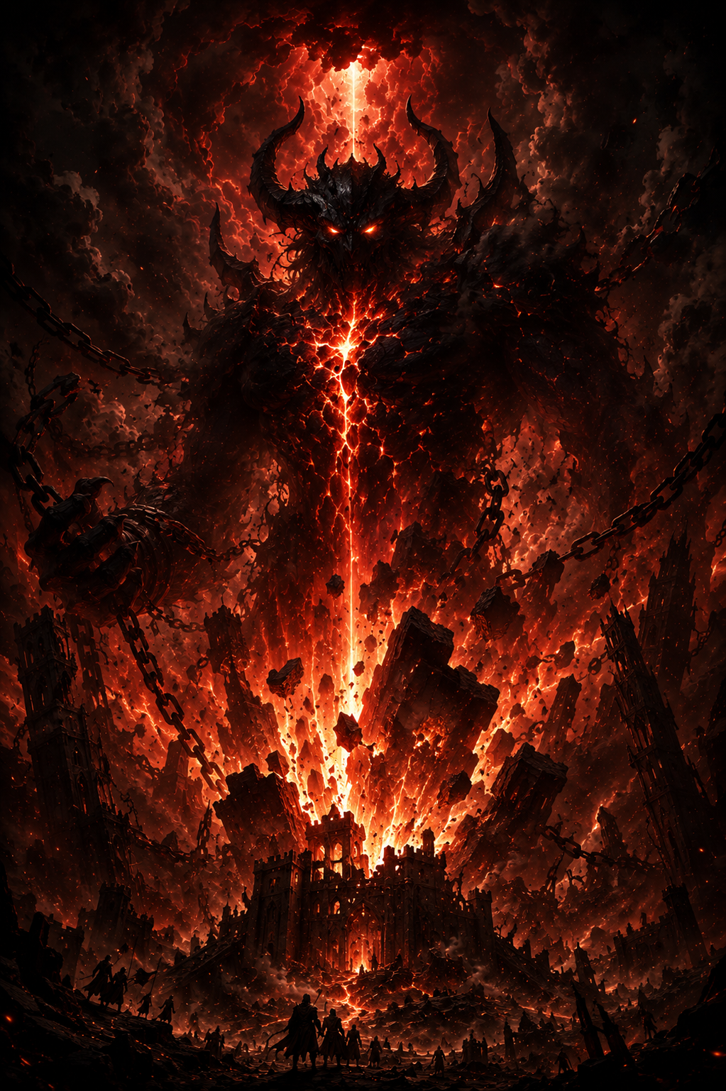 Fiery demon lord with horns towering over a lava-filled, ruined city.