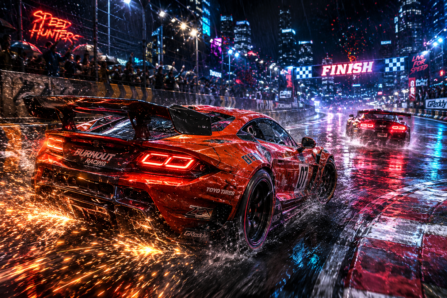 Red race car speeding on a wet urban track at night with sparks near the finish line