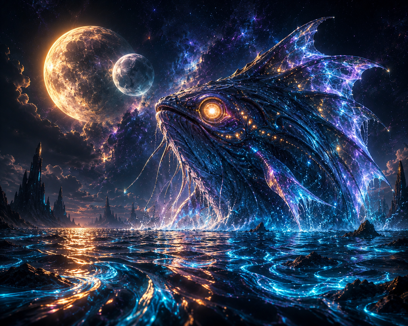 Massive neon sea creature with a glowing eye rises from a shimmering ocean under a cosmic night sky.