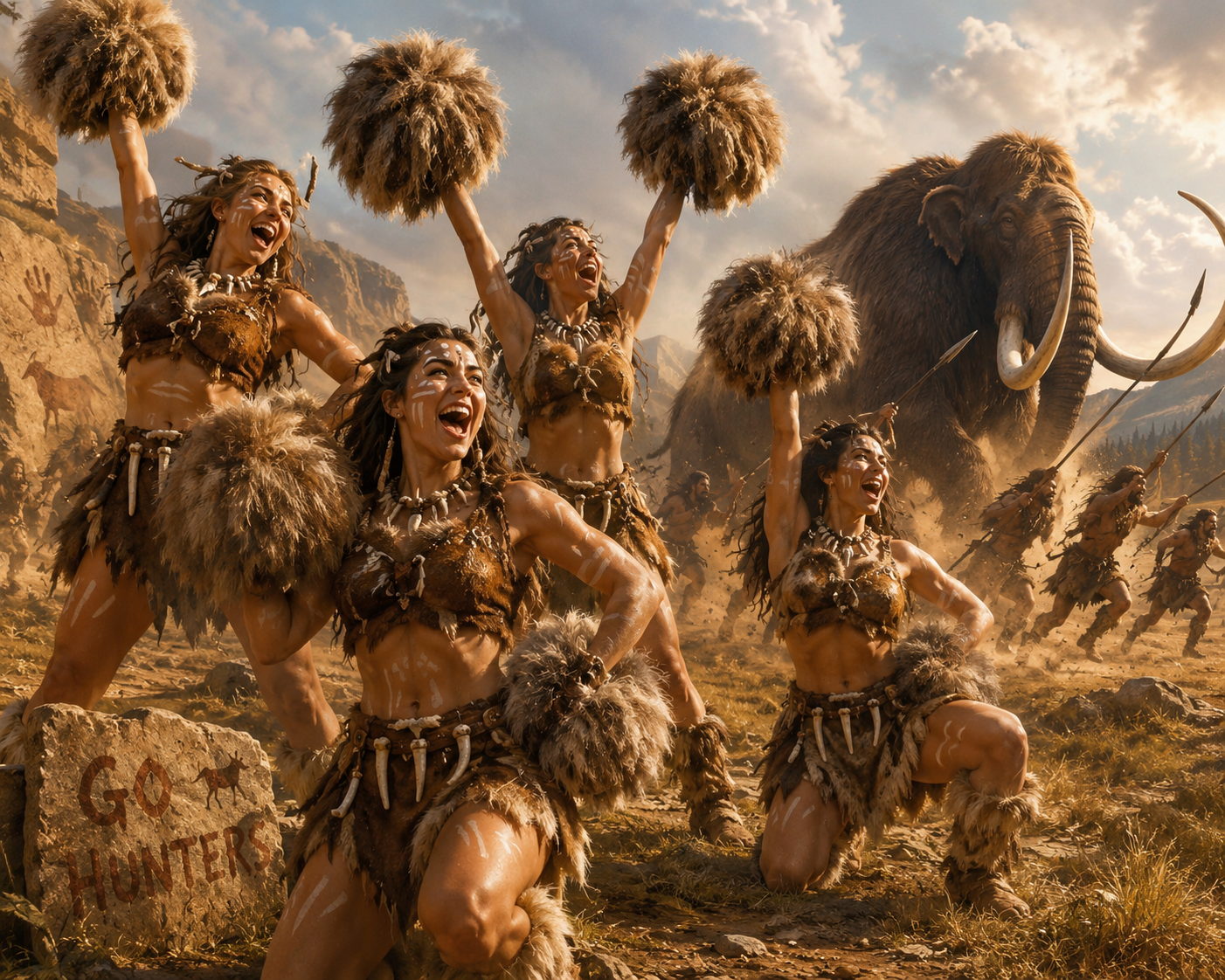 Group of women in primitive fur outfits cheering with fluffy pom-poms, a mammoth in the background.