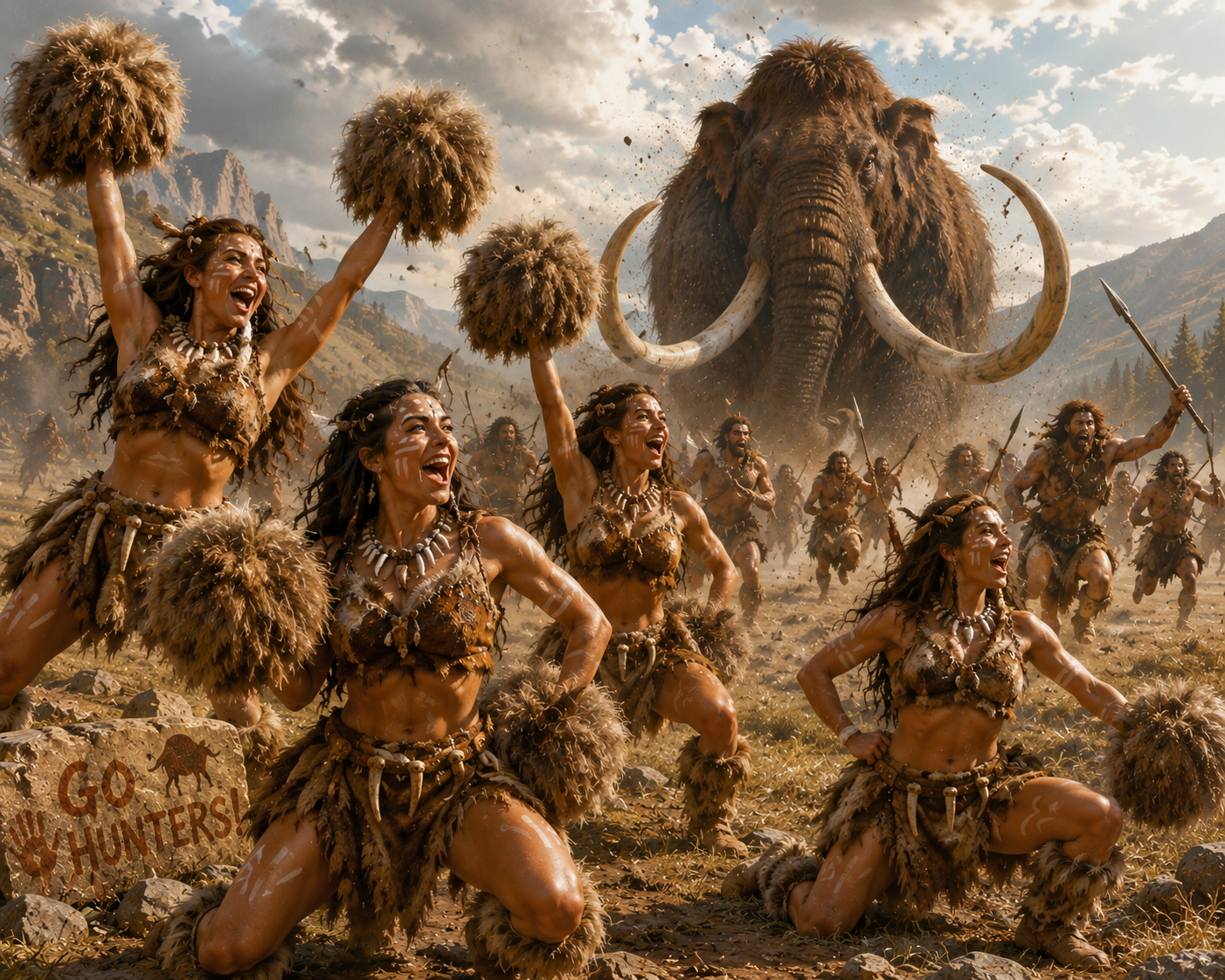 Group of prehistoric-dressed warriors dancing with a giant mammoth in a dusty plains backdrop.