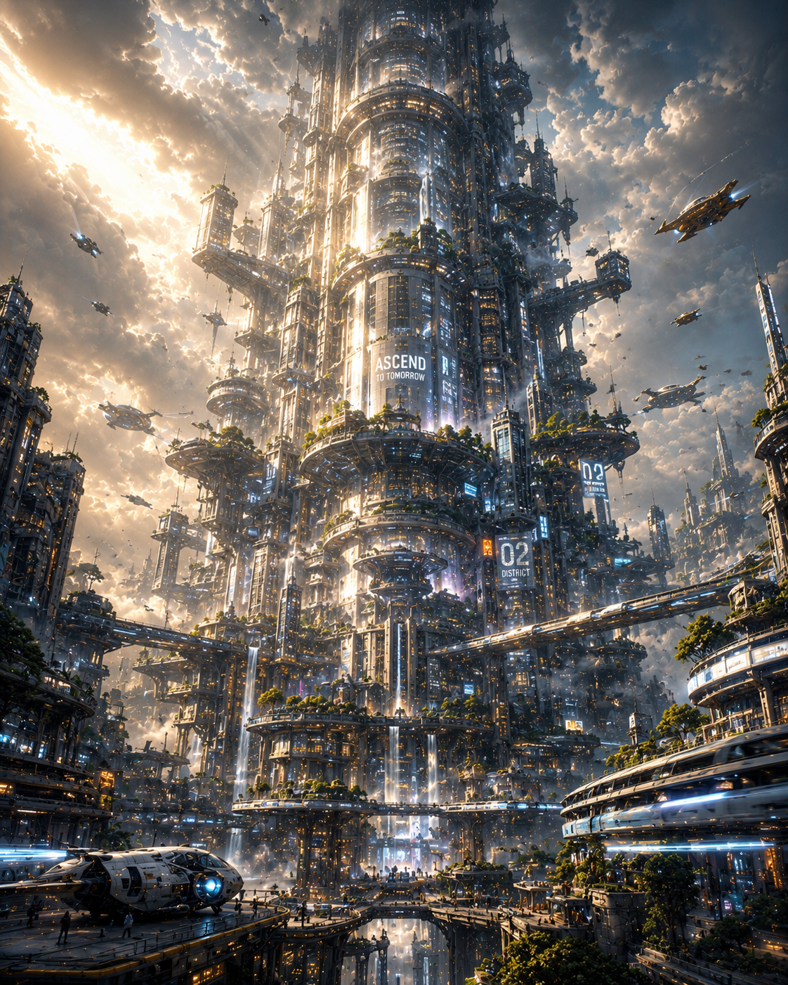 Futuristic megacity tower with vertical gardens and flying cars at sunset.