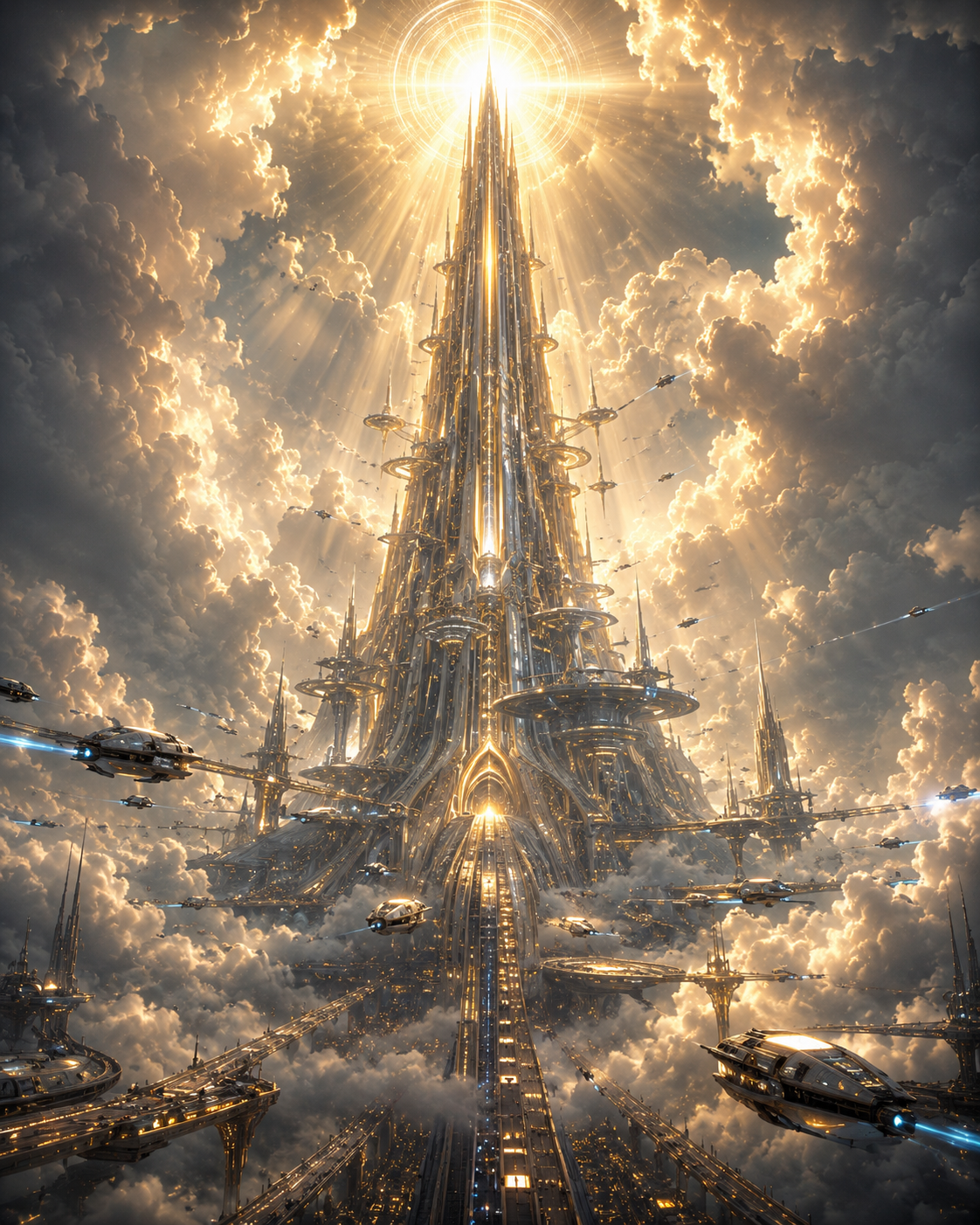 A towering futuristic spire rises through golden clouds with radiant light at the summit, surrounded by flying craft.