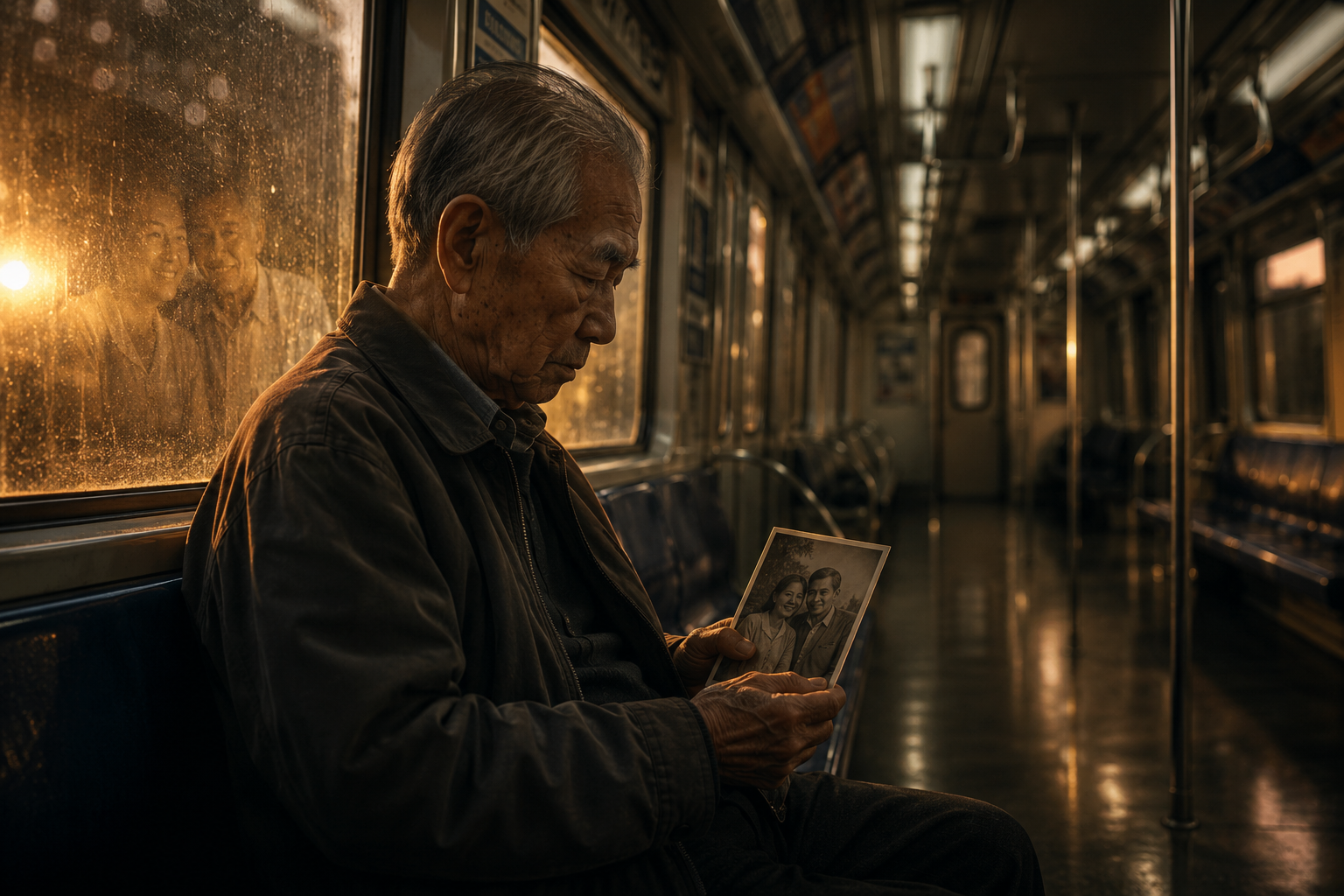 Elderly man on a subway car at sunset, reading a black-and-white photo.